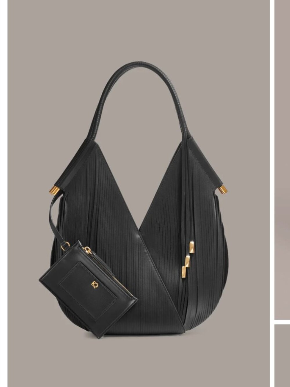 Donna Karan Black Fringe Shoulder Bag with Gold Accents MINI
